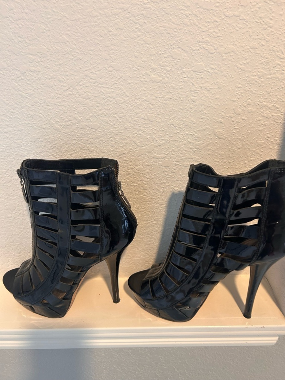 bebe Black Patent Cage Cutout Stiletto Ankle Booties
